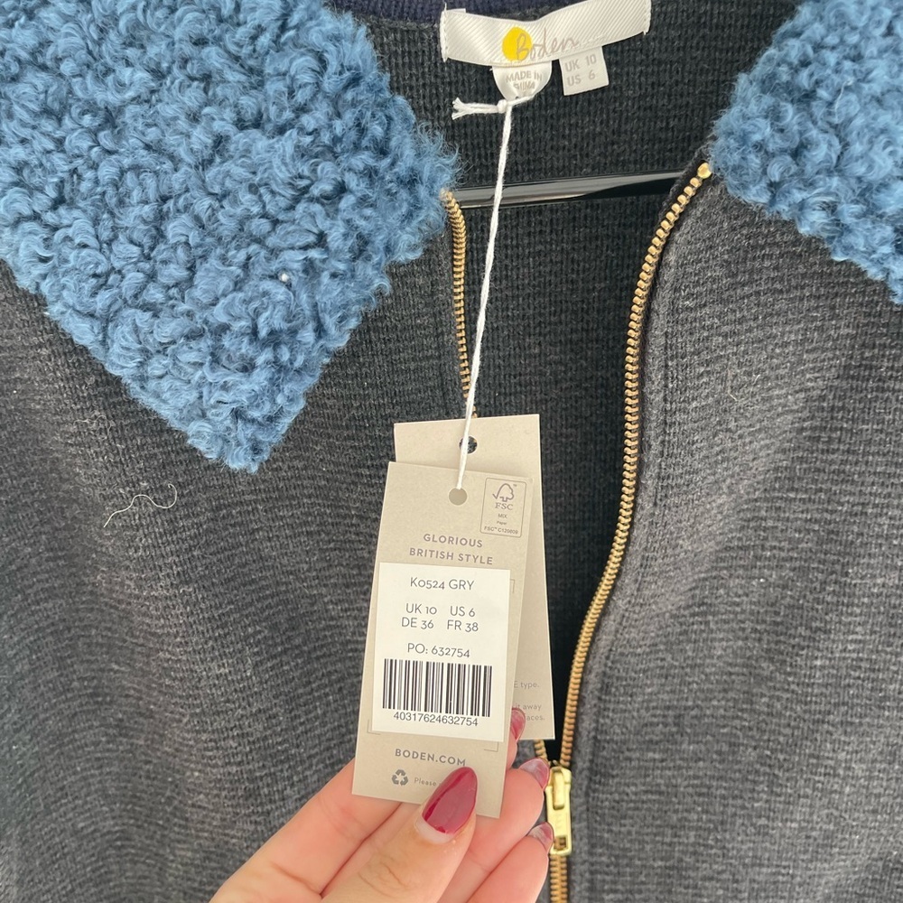 BODEN Cozy Grey Jacket with Blue Teddy Accents - Picture 5 of 7